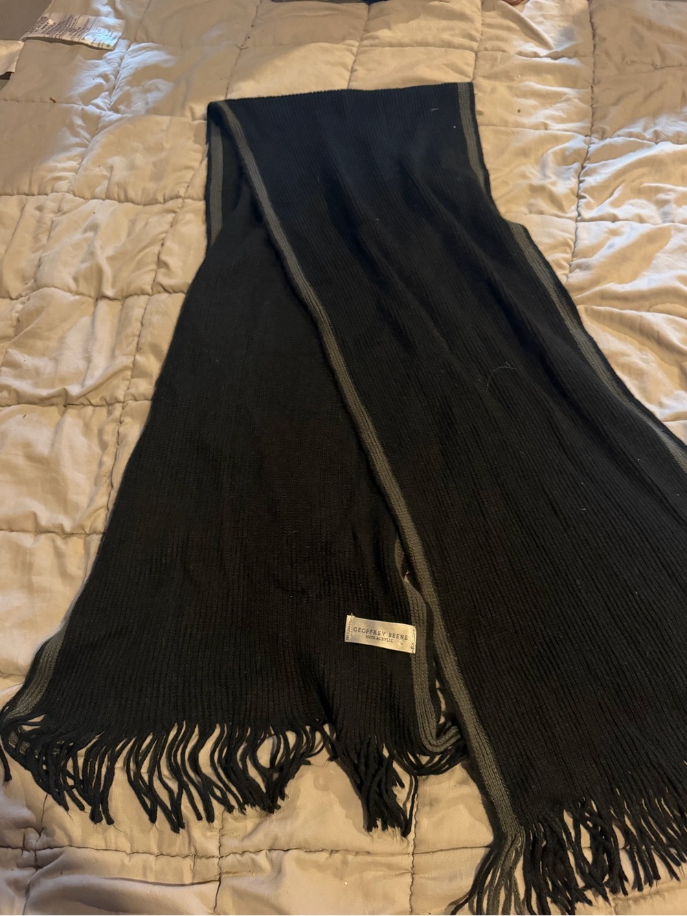 Geoffrey Beene Black Scarf with Gray Trim and Fringe